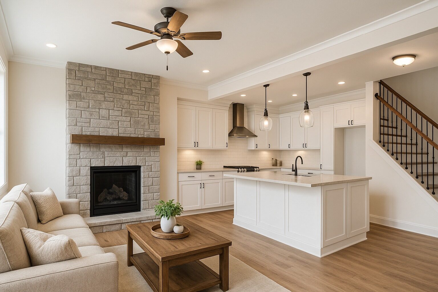 Finished open-concept living room and kitchen by Dodgen Arrows